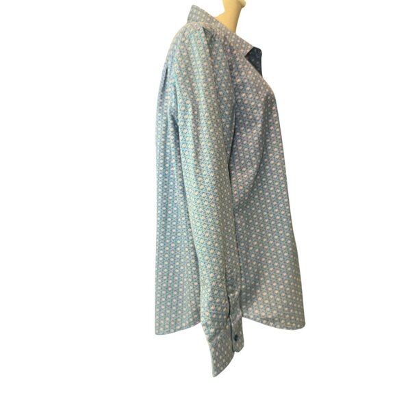 BFA Classic Blue Button Down Shirt L Geometric Floral Print Long Sleeve Blouse - Picture 5 of 8